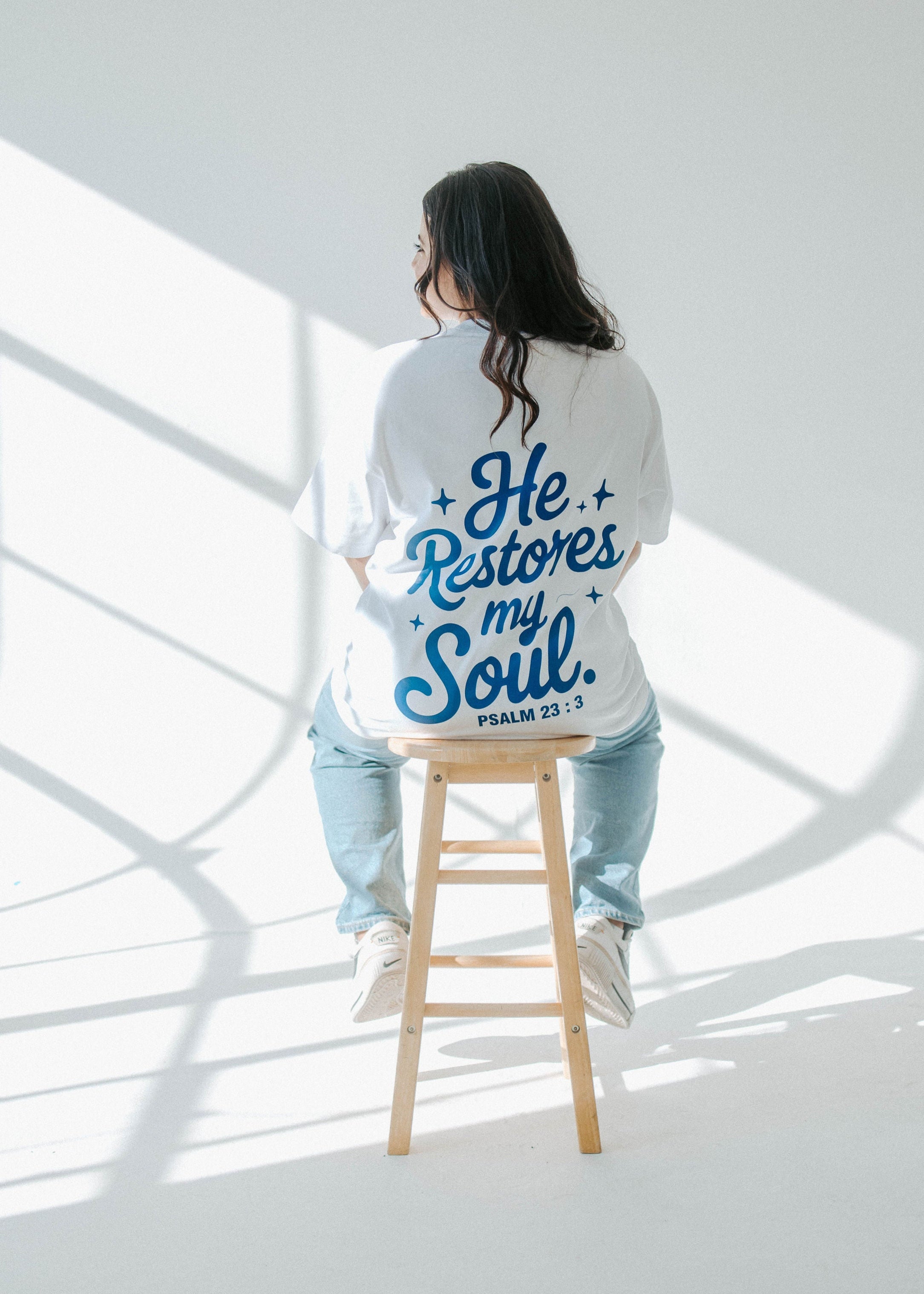 HE RESTORES MY SOUL TEE IN WHITE