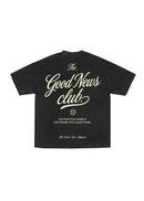 Black t-shirt with 'The Good News Club' text on a white background