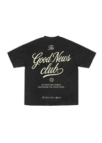 Black t-shirt with 'The Good News Club' text on a white background