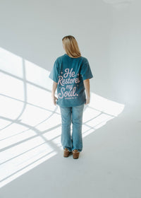 HE RESTORES MY SOUL TEE IN BLUE