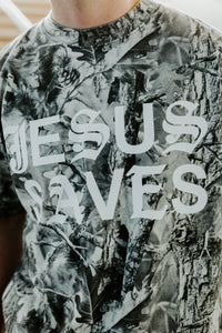 Camouflage shirt with 'Jesus Saves' text