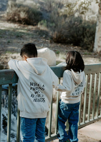 Back view of kids hoodie featuring the hymn-inspired message “What a Friend We Have in Jesus.”