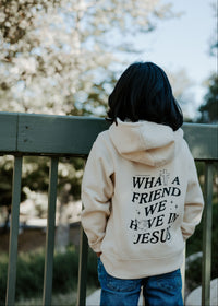 Back view of kids hoodie featuring the hymn-inspired message “What a Friend We Have in Jesus.”