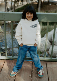 Front of beige Christian kids hoodie designed for soft comfort and everyday wear.