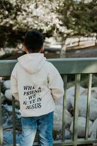 Back view of kids hoodie featuring the hymn-inspired message “What a Friend We Have in Jesus.”