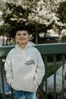 Front of beige Christian kids hoodie designed for soft comfort and everyday wear.