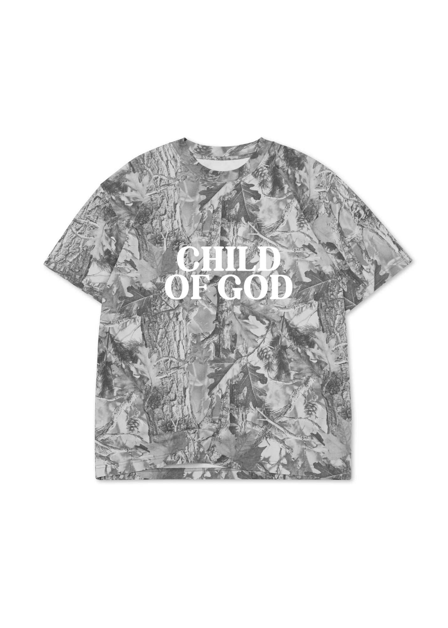 T-shirt with camouflage pattern and 'Child of God' text on a white background