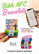 Promotional graphic for Bible NFC bracelets showing several wristbands in different colors, a phone displaying a message, and hands holding the bracelets. Large text reads 'Bible NFC Bracelets' and includes the brand/logo 'TGN Religious'.