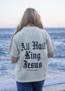 A person standing on a beach facing the ocean, wearing a light-colored t-shirt with 'All Hail King Jesus' printed in black gothic lettering on the back.