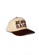 Beige and brown cap with 'Jesus Saves' text on a white background