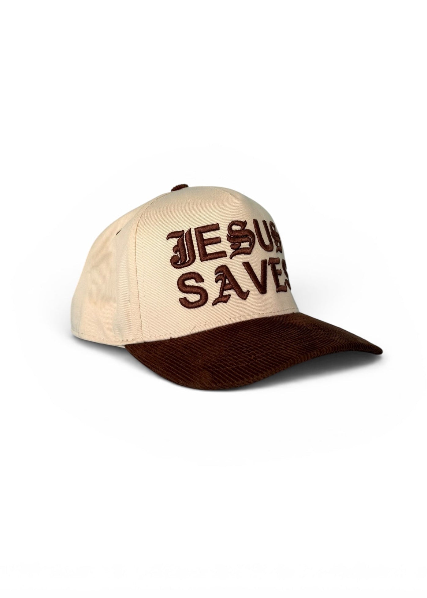 Beige and brown cap with 'Jesus Saves' text on a white background