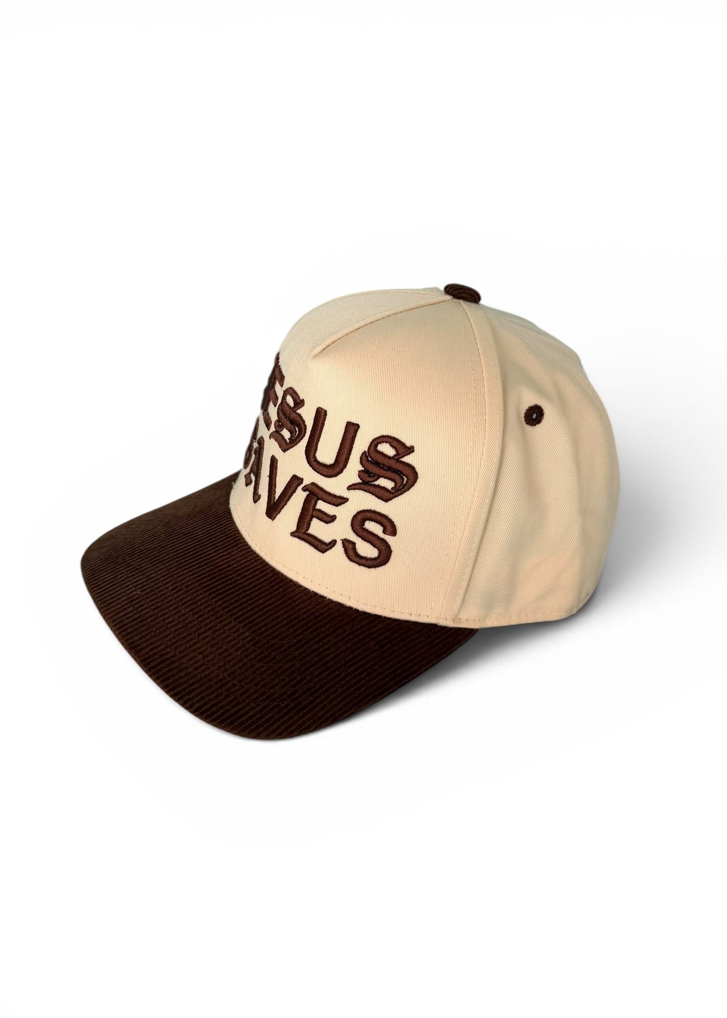 Beige and brown cap with text on a white background