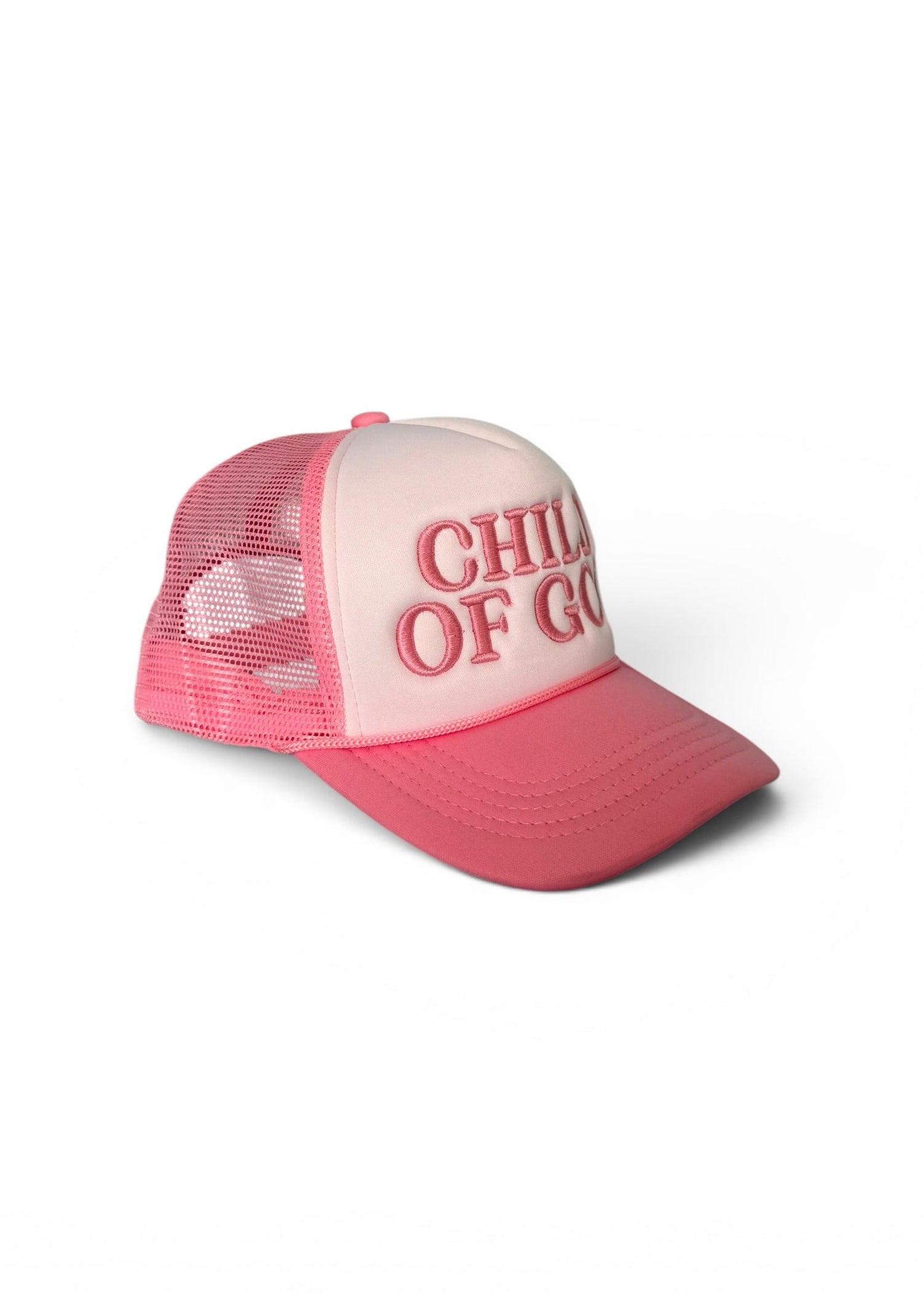 Pink and white cap with 'Child of God' text on a white background