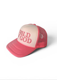 Pink and white cap with 'Child of God' text on a white background