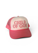 Pink and white cap with 'CHILD OF GOD' text on a white background