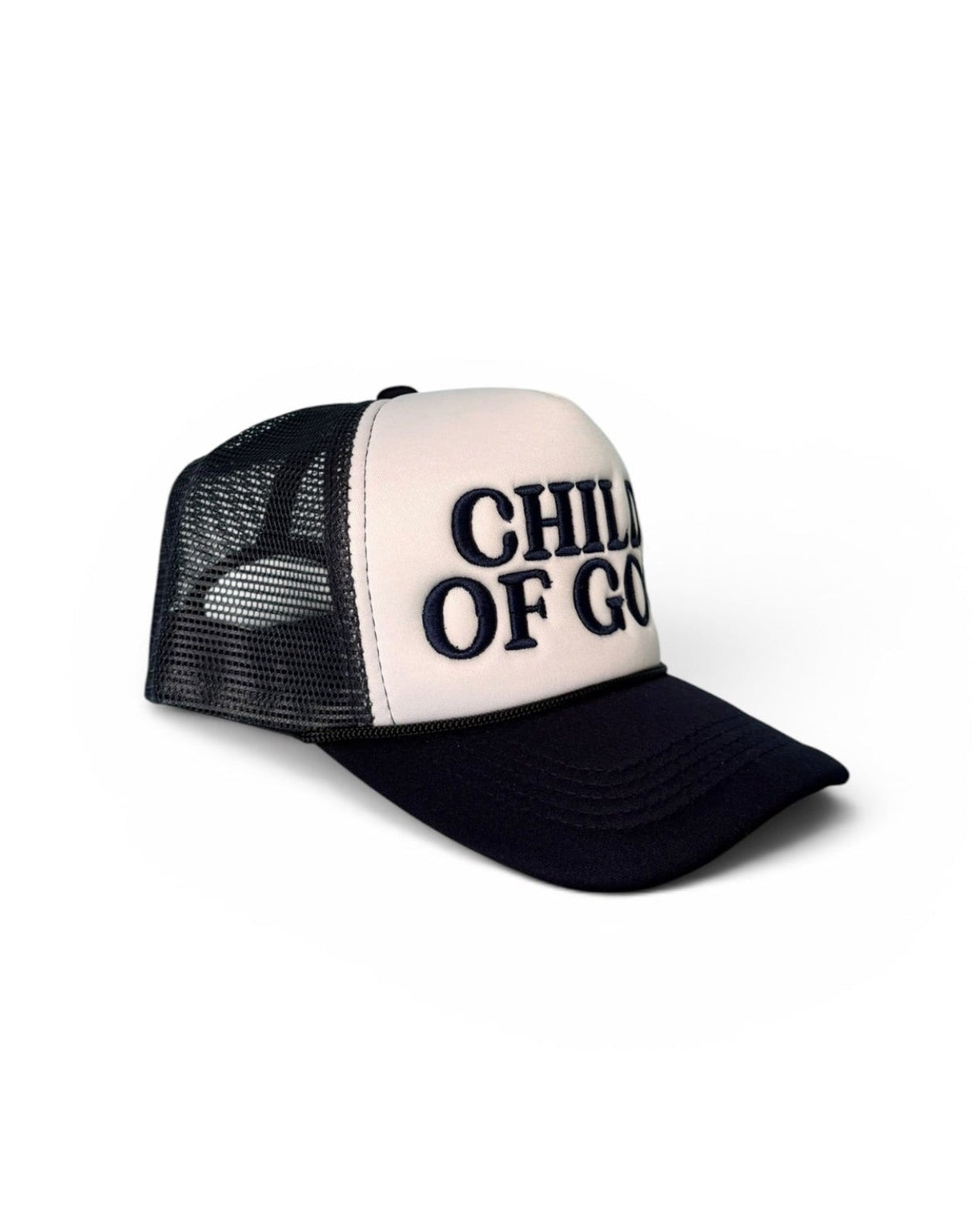Trucker hat with 'Child of God' text on a white background