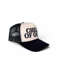 Trucker hat with 'Child of God' text on a white background