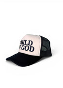 Trucker hat with 'Child of God' text on a white background