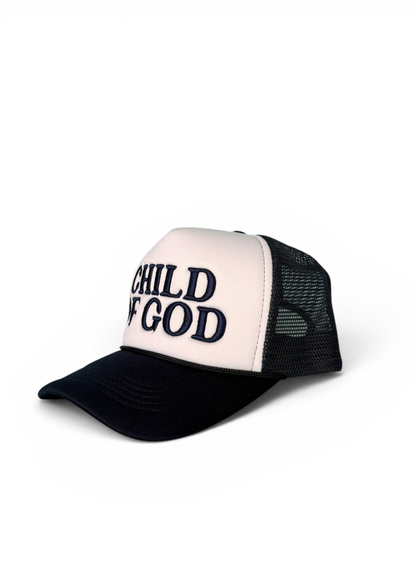 Trucker hat with 'Child of God' text on a white background