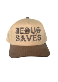 Beige and brown cap with 'Jesus Saves' text on a white background