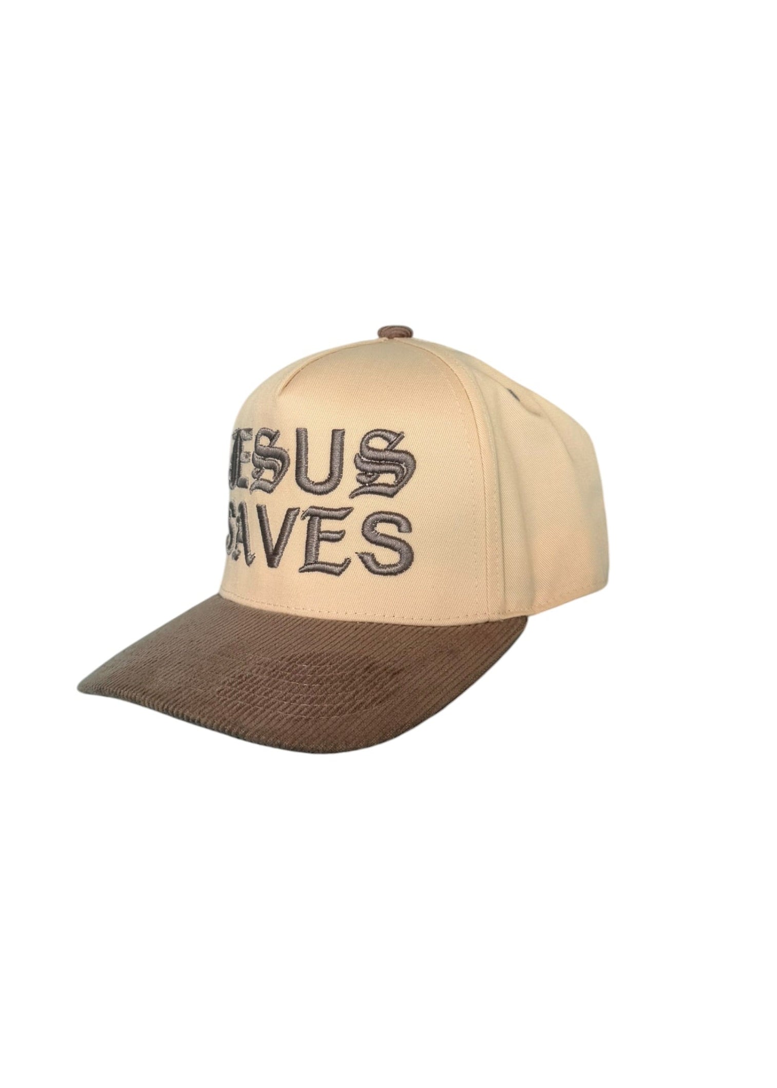 Beige and brown cap with 'Jesus Saves' text on a white background