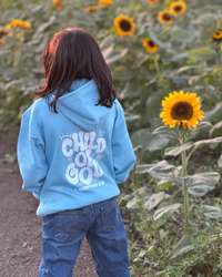 Close-up of the “Child of God” Christian design on a kids hoodie.