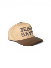 Beige and brown cap with 'Jesus Saves' text on a white background
